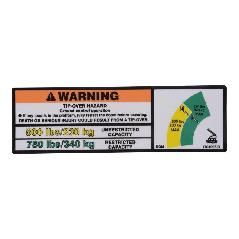 JLG Part # 1704996 - DECAL. 750#/500# CAPACITY (DOM)