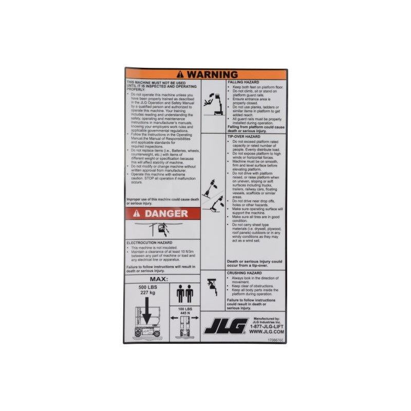 JLG Part # 1706676 - DECAL. 1230ES INSTR./WARNING