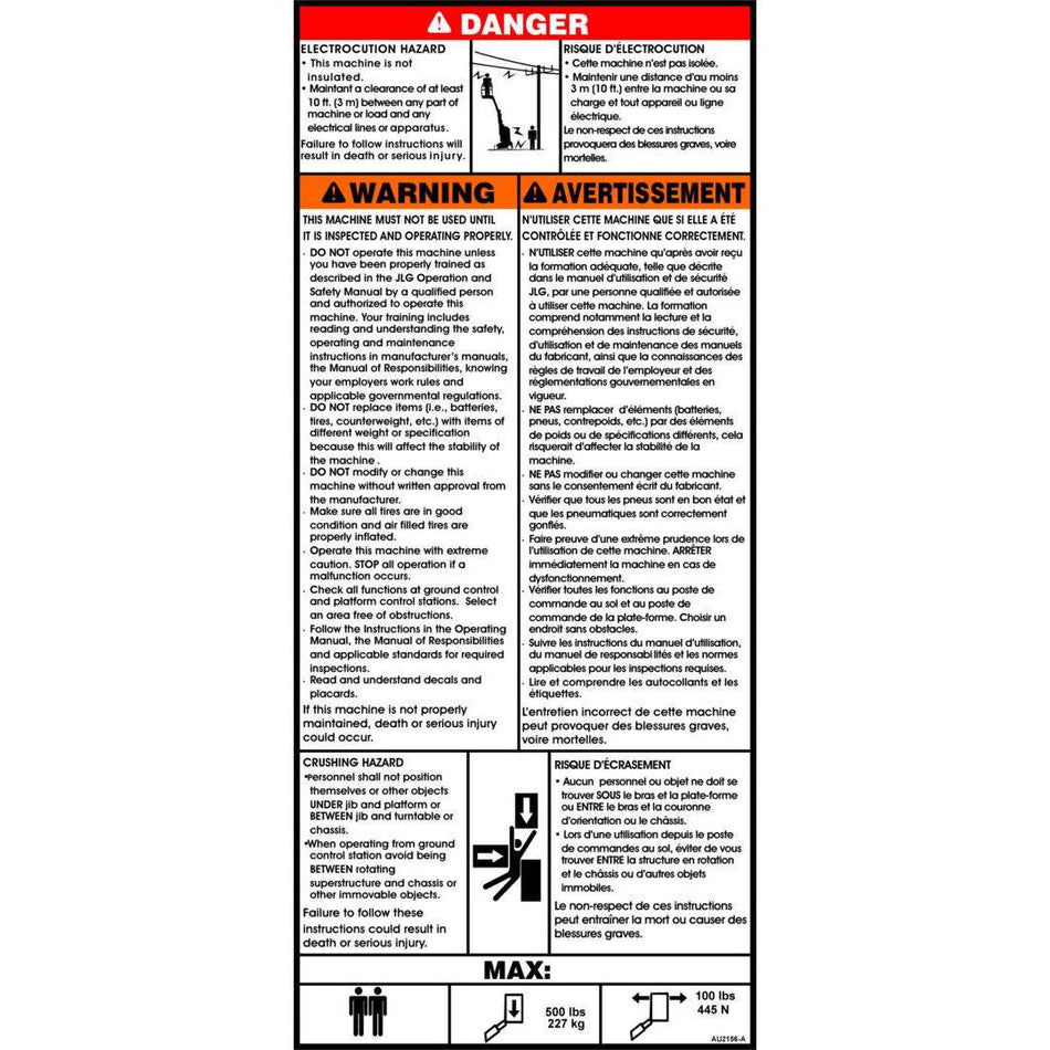 JLG Part # AU2156 - DECAL. INSTRUCTIONS FR/GB T20E