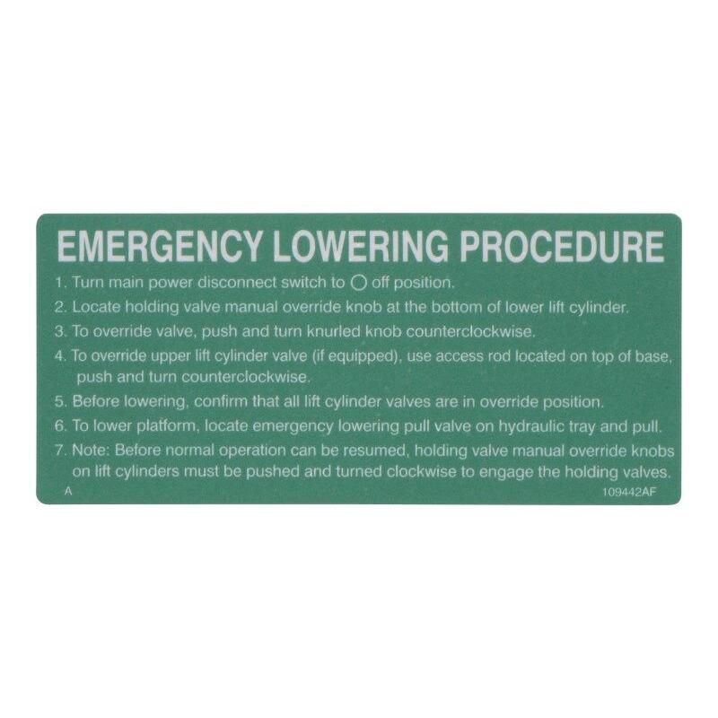 Skyjack Part # 109442 - Label. VL. Emergency Lowering